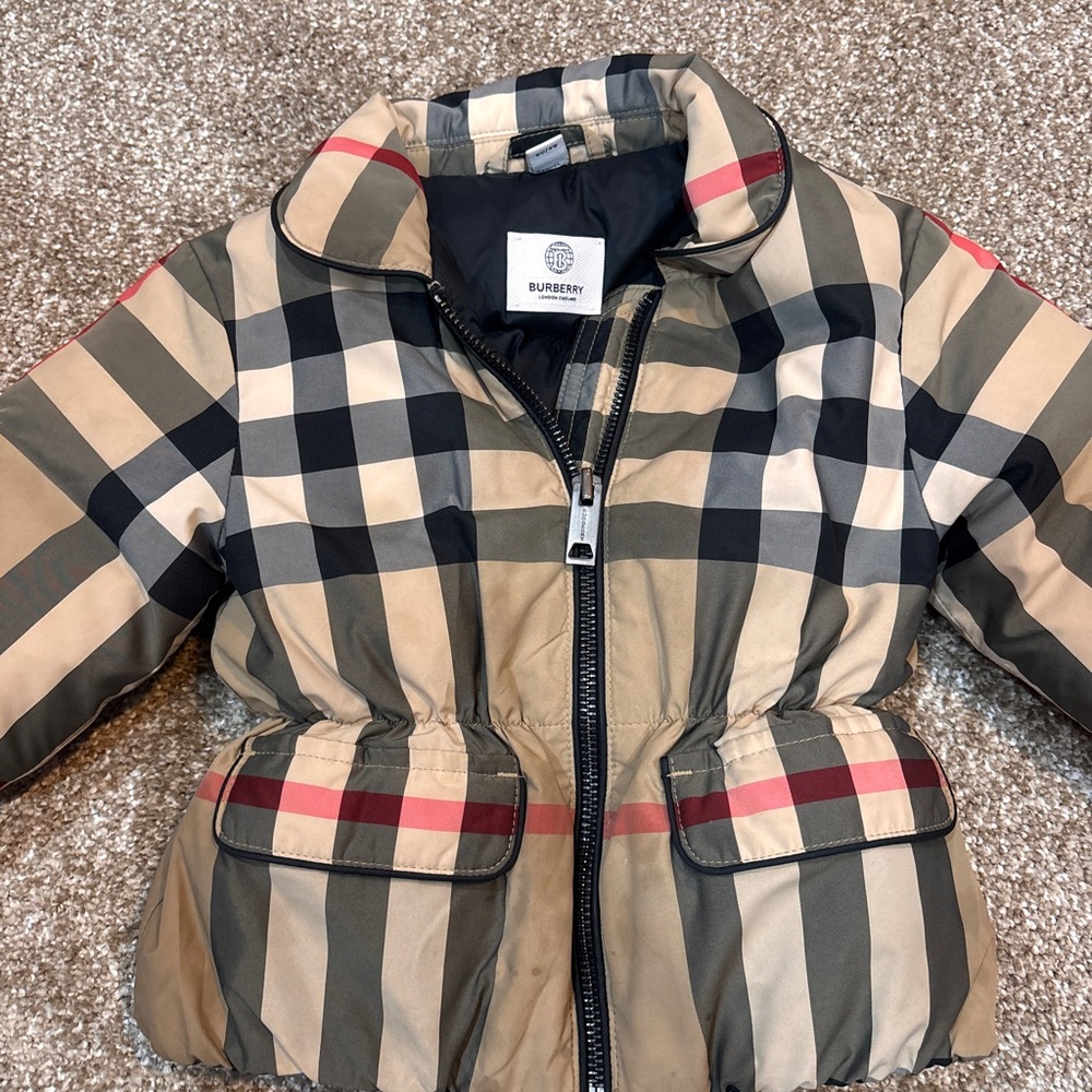 Burberry Kids Tan, Black & Red Check Puffer Jacket 18 months